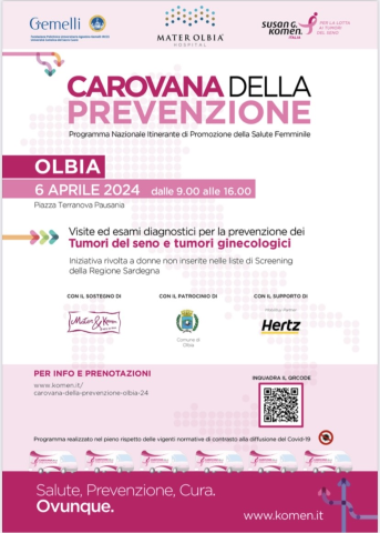 Mater Olbia Hospital e Komen Italia, il 6 aprile appuntamento con la Carovana della  Prevenzione.